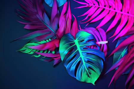 Tropical leaves Monstera Deliciosa and fluorescent colors on blue background. Flat lay, top viewの素材