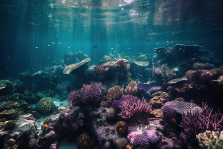 Underwater view of coral reef with fish and corals in oceanの素材