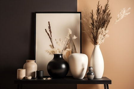 a picture of vases on a table with a plant in the middle of the picture and a few other vases on the table. . generative aiの素材