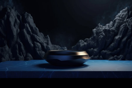 3d illustration of blue stone podium with a black vase.の素材