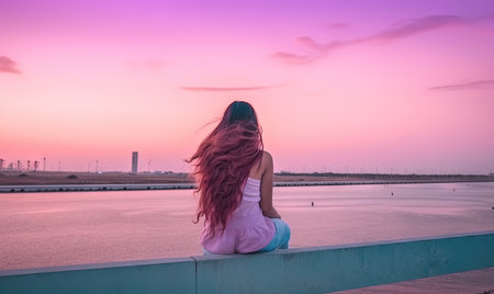a woman with long hair sitting on a wall looking at the water. . generative aiの素材