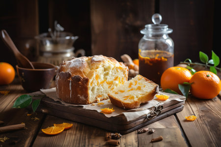 Cake with orange jam and tangerines on a wooden backgroundの素材