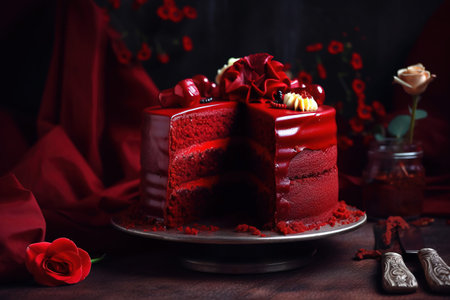 Red velvet cake with red roses on a dark background. Selective focus.の素材