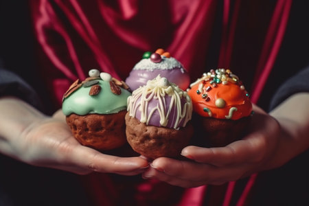 a person is holding three different types of cupcakes in their hands, one of which is decorated with icing and sprinkles. . generative aiの素材