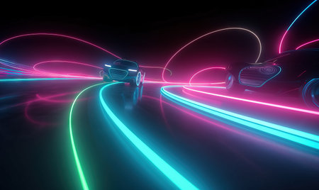 a car driving through a tunnel with neon lights on the side of the road and a car in the middle of the tunnel with headlights on the side of the road. . generative aiの素材