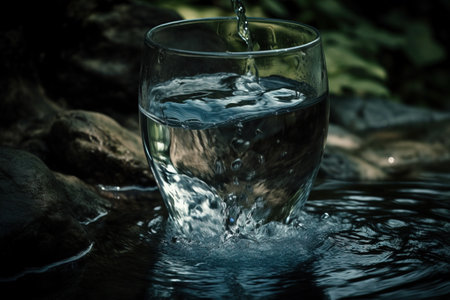 a glass filled with water sitting on top of a rock filled with rocks and water pouring from a faucet to the bottom of the glass. . generative aiの素材