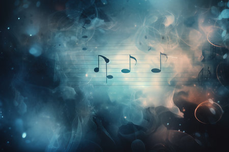 a music note with musical notes on a dark background with smoke and bubbles in the foreground and a blue and white background with a few bubbles. . generative aiの素材
