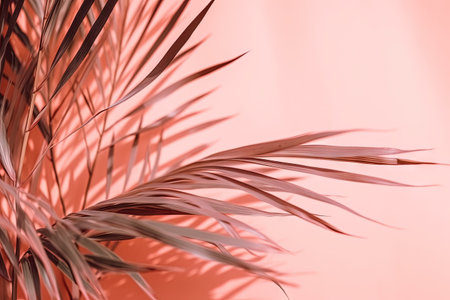 a plant with long green leaves on a pink background with a light pink wall. . generative aiの素材