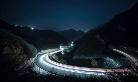 a long exposure photo of a highway at night with a mountain in the background and lights of cars on the road at the end of the road. . generative aiの素材