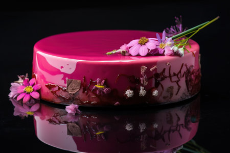 a pink cake with pink flowers on top of a black table with a reflection of the cake on the table and a black background with a reflection of the cake. . generative aiの素材