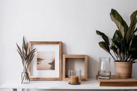 a white shelf with a plant and a picture frame on top of it and a candle on the side of the shelf next to it. . generative aiの素材