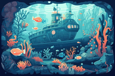 an underwater scene with a boat and fish in the water, surrounded by corals and other marine life, with a blue background with corals. . generative aiの素材