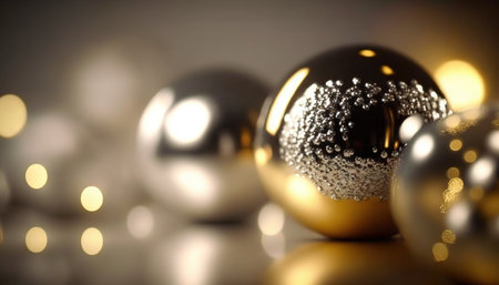 a group of shiny balls sitting on top of a table next to each other on a black tablecloth covered tablecloth with gold and silver balls. . generative aiの素材