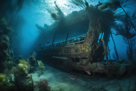 a ship that is sitting in the water under the ocean floor with a lot of seaweed on the bottom of the ship and a few fish swimming around it. . generative aiの素材