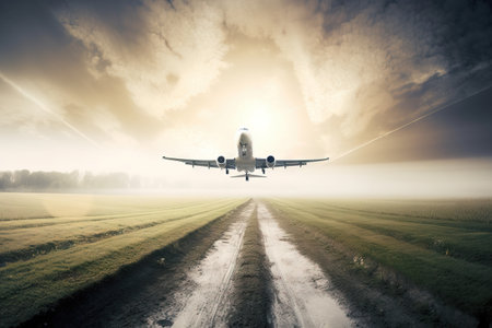 a large jetliner flying through a cloudy sky over a green grass covered field with a dirt road in front of it and a plane in the distance. . generative aiの素材
