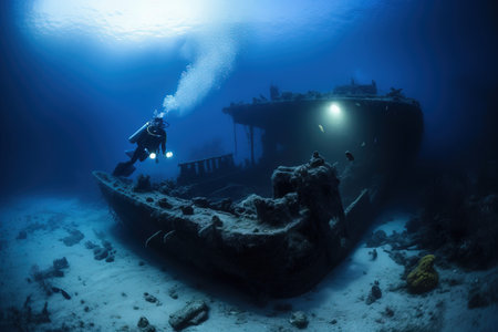a man in a scuba suit standing next to a boat under the water with a light shining on the bottom of the boat and the boat. . generative aiの素材