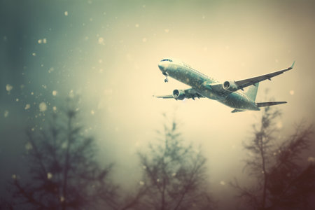 an airplane is flying over a forest in the foggy day sky with snow falling on the ground and trees in the foreground,. . generative aiの素材