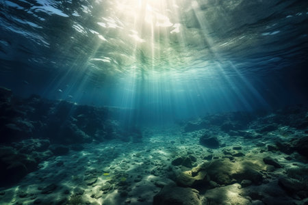 the sun shines through the water on a sandy bottom of the ocean floor, creating a beautiful underwater scene with sunlight streaming through the water. . generative aiの素材