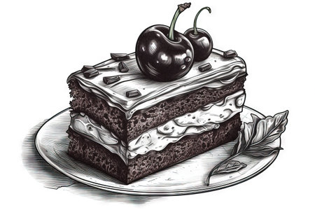 a piece of cake on a plate with a cherry on top of the cake and the rest of the cake on the plate behind it. . generative aiの素材