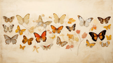 Butterflies on vintage paper background with space for text or imageの素材