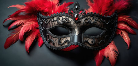 Black Venetian mask with red feathers on black background, closeupの素材