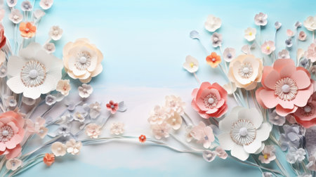Paper flowers on blue sky background. 3d rendering, 3d illustration.の素材