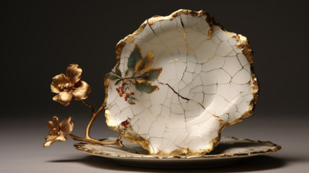 Antique porcelain plate and flower on a dark background.の素材