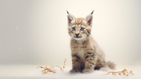 Eurasian lynx kitten on white background with copy space.の素材