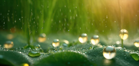 Drops of dew on a green leaf in the morning.の素材