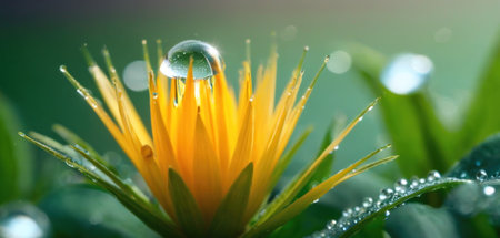 Water drops on yellow flower with green bokeh background, macroの素材