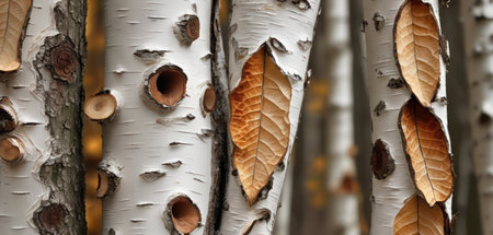 Birch tree trunks with autumn leaves in the forest close upの素材