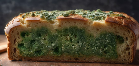 Homemade spinach bread on a wooden board, close-up.の素材