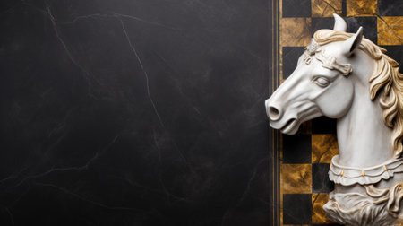 Horse head and chessboard on black marble background with copy spaceの素材