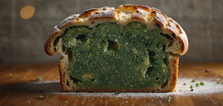Pistachio and spinach pie on a rustic wooden tableの素材