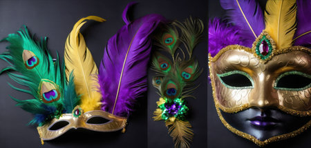 Collage of colorful carnival masks with feathers on black background.の素材
