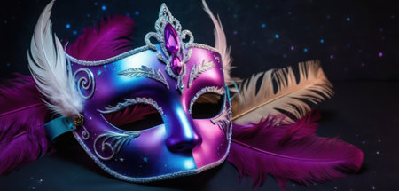 Purple carnival mask with feathers on a dark background, close upの素材