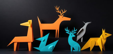 Wooden colorful reindeers on black background, 3d renderの素材