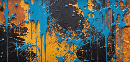 Abstract background of blue and yellow oil paint splashes on a black backgroundの素材
