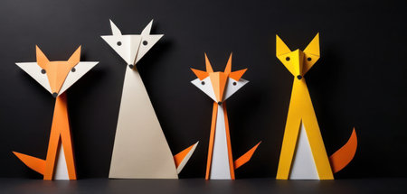 Paper origami fox on black background. Paper art origami foxの素材