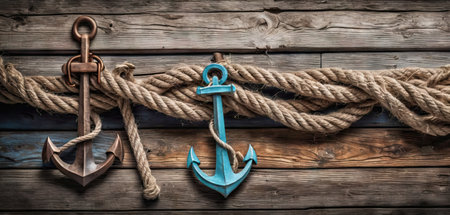 Anchor and rope on a wooden background. Toned.の素材