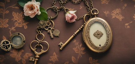 Vintage pocket watch with old keys and rose flowers on wooden backgroundの素材