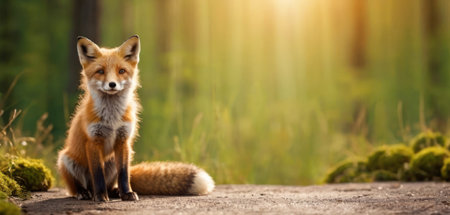 Red fox in the forest at sunset. Panoramic image.の素材