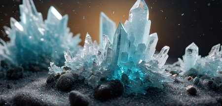 Blue crystal on black background. 3D rendering. Close up.の素材