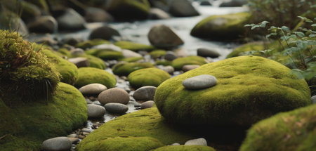 Beautiful green mossy stones by the river. Nature background.の素材