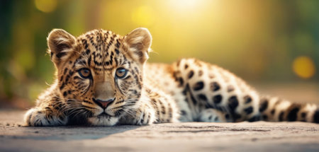 Close up of leopard cub lying on the ground and looking at cameraの素材