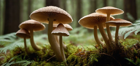 Mushrooms in a mossy forest in summer, panoramaの素材