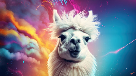 Funny llama with clouds in the background. Collage.の素材