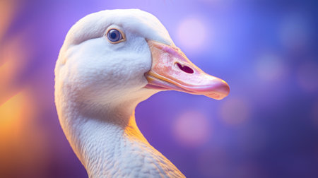 Beautiful white goose on a purple background. Close-up.の素材
