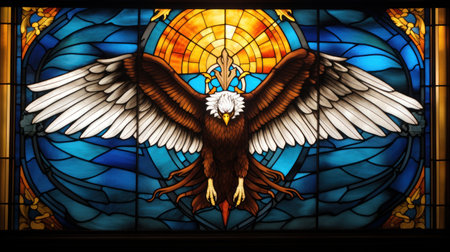 Stained glass window depicting a bald eagle with wings spread in a churchの素材