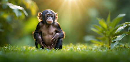 Chimpanzee monkey sitting on the grass and looking at cameraの素材